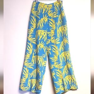 Vintage Lilly Pulitzer Silk  Blue & Yellow Leaf High Waist Wide Leg Pants M